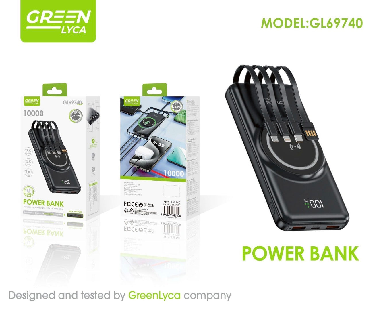10000mAh Power Bank with Qi Wireless Charging, 4 Built-in Cables LED Digital Display
