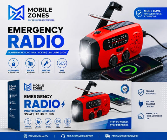 Emergency Solar Radio with 4000mAh Power Bank, LED Light & SOS Alarm