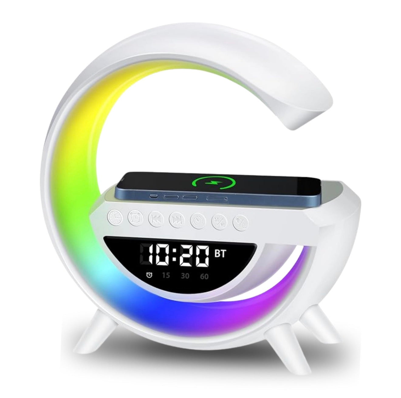 Multifunctional Alarm Clock with Wireless Charging – Bluetooth Speaker + RGB Light