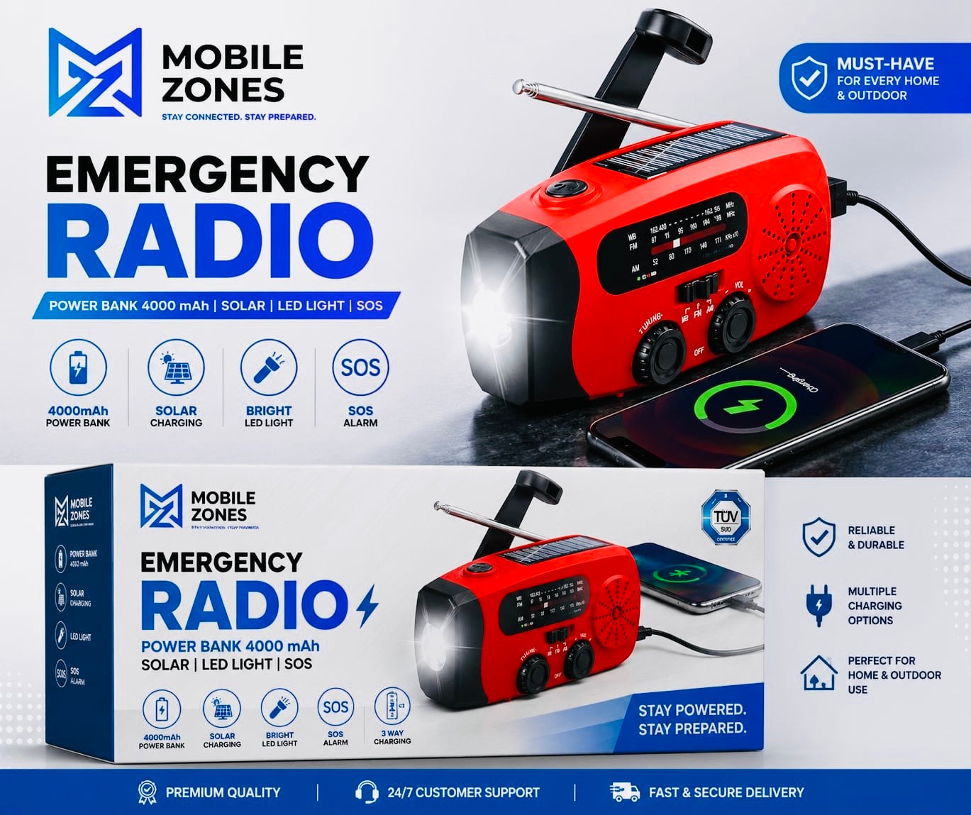 Emergency Solar Radio with 4000mAh Power Bank, LED Light & SOS Alarm