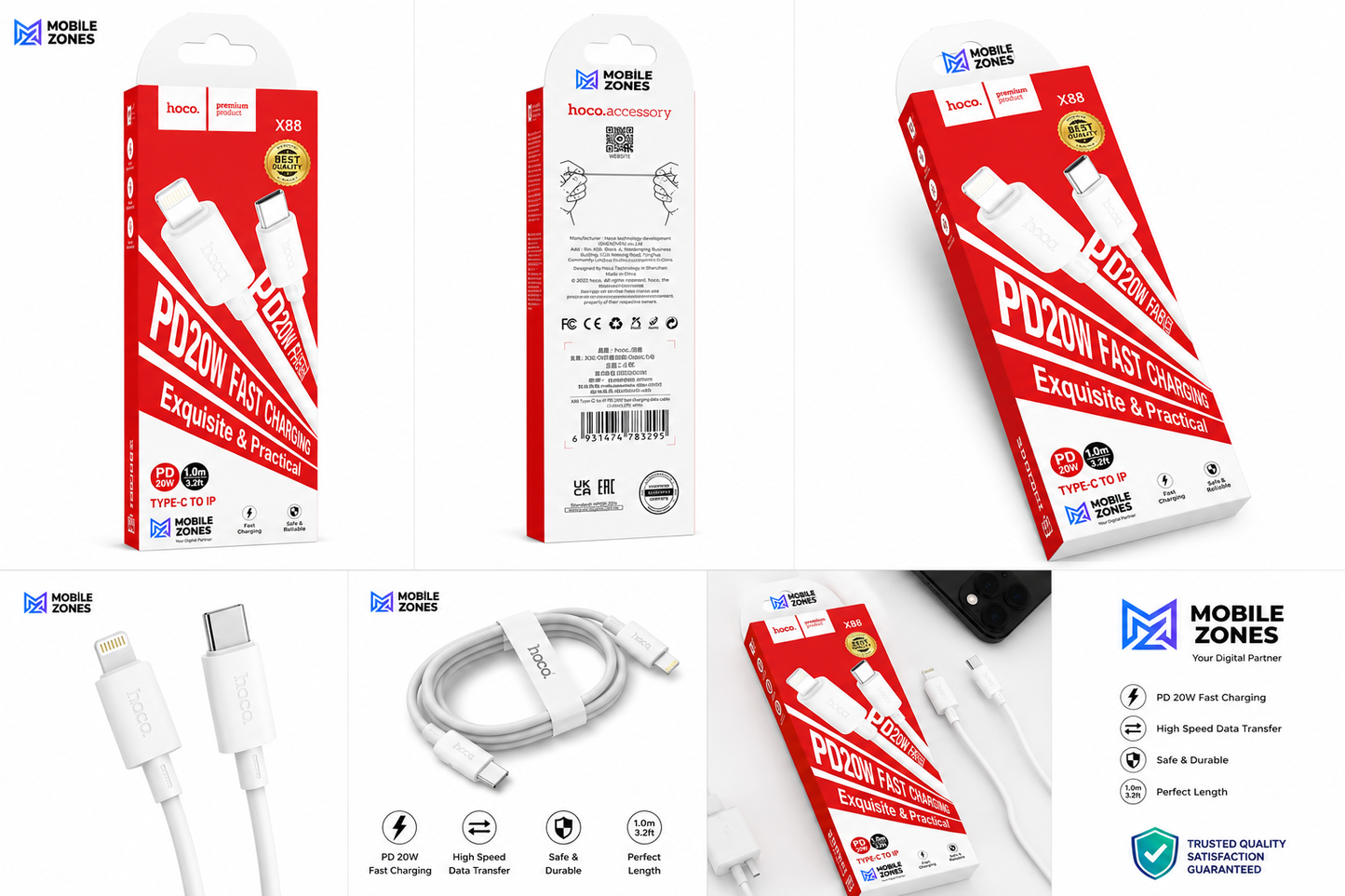 Hoco X88 Type-C to Lightning 20W PD Fast Charging Cable (1M / 3.2FT) – iPhone Fast Charge & Data Sync Cable