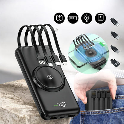 10000mAh Power Bank with Qi Wireless Charging, 4 Built-in Cables LED Digital Display