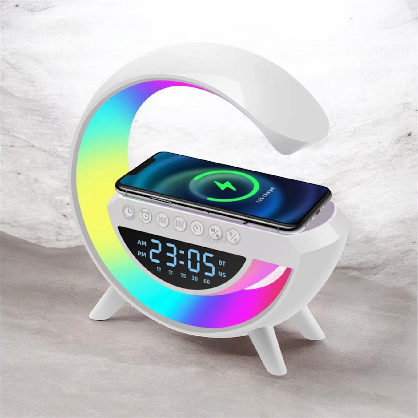 Multifunctional Alarm Clock with Wireless Charging – Bluetooth Speaker + RGB Light