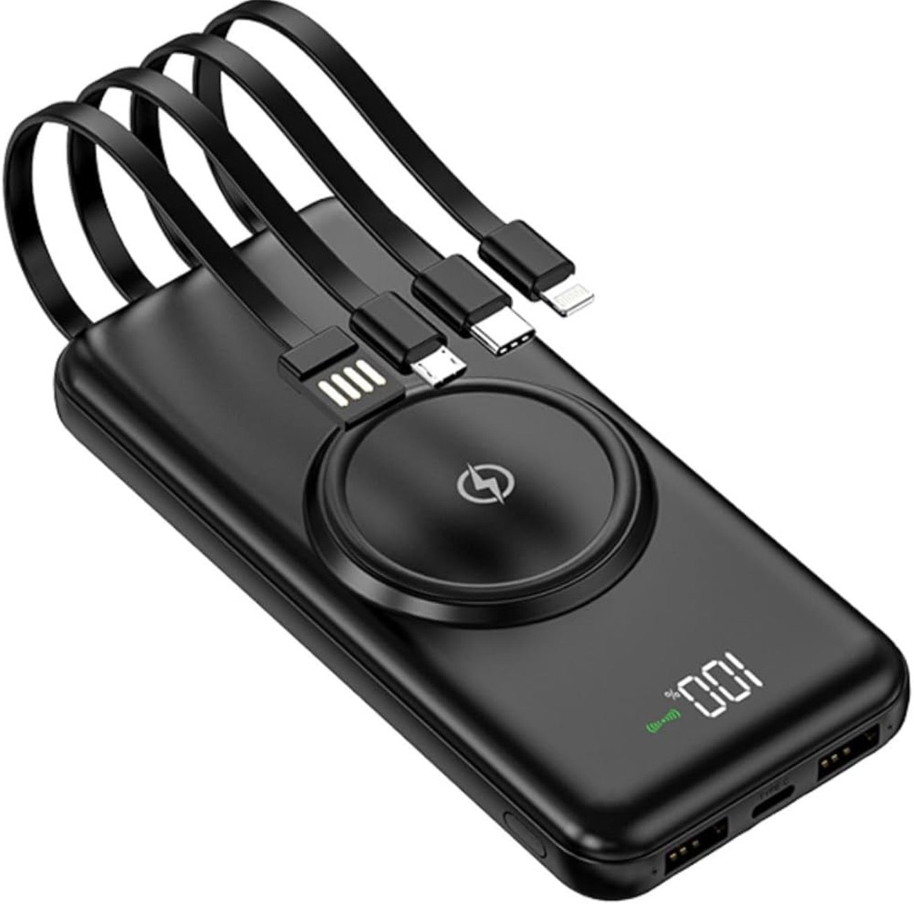 10000mAh Power Bank with Qi Wireless Charging, 4 Built-in Cables LED Digital Display