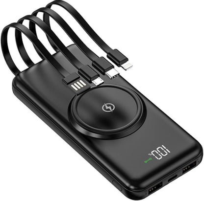 10000mAh Power Bank with Qi Wireless Charging, 4 Built-in Cables LED Digital Display