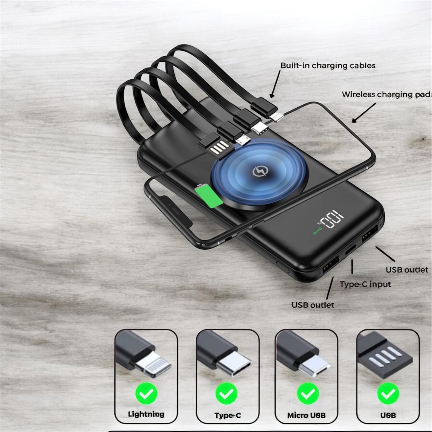 10000mAh Power Bank with Qi Wireless Charging, 4 Built-in Cables LED Digital Display