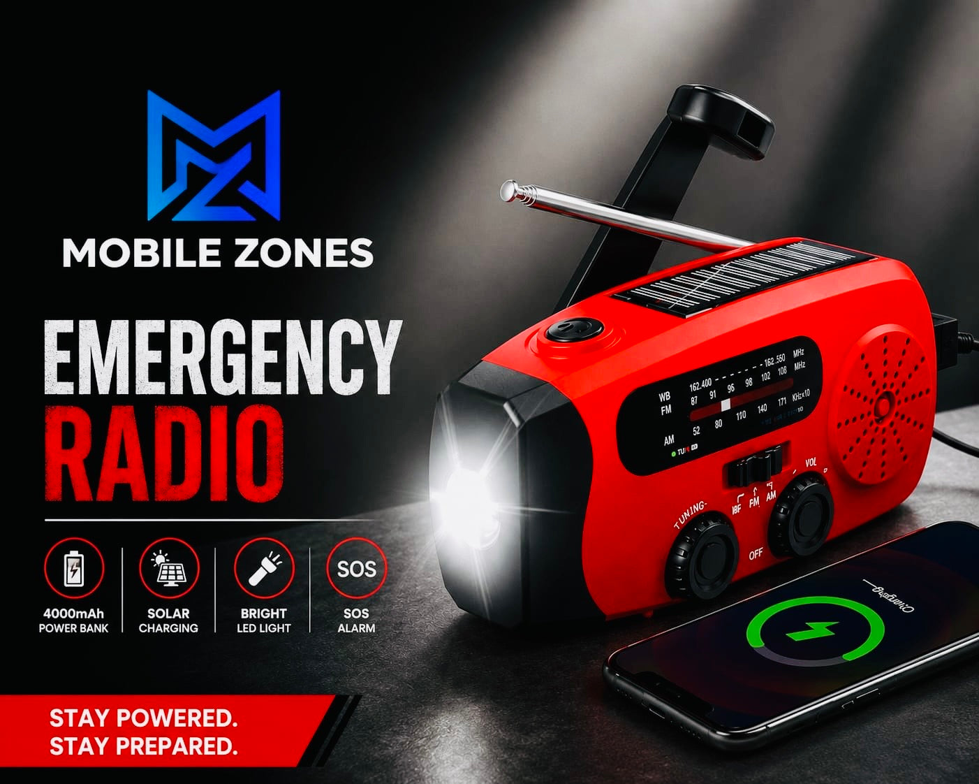 Emergency Solar Radio with 4000mAh Power Bank, LED Light & SOS Alarm