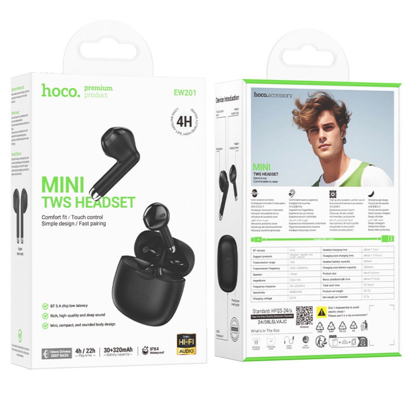 Hoco EW201 Graceful True Wireless Earbuds – Bluetooth 5.4, 13mm Bass Drivers, Touch Control, Black (New)