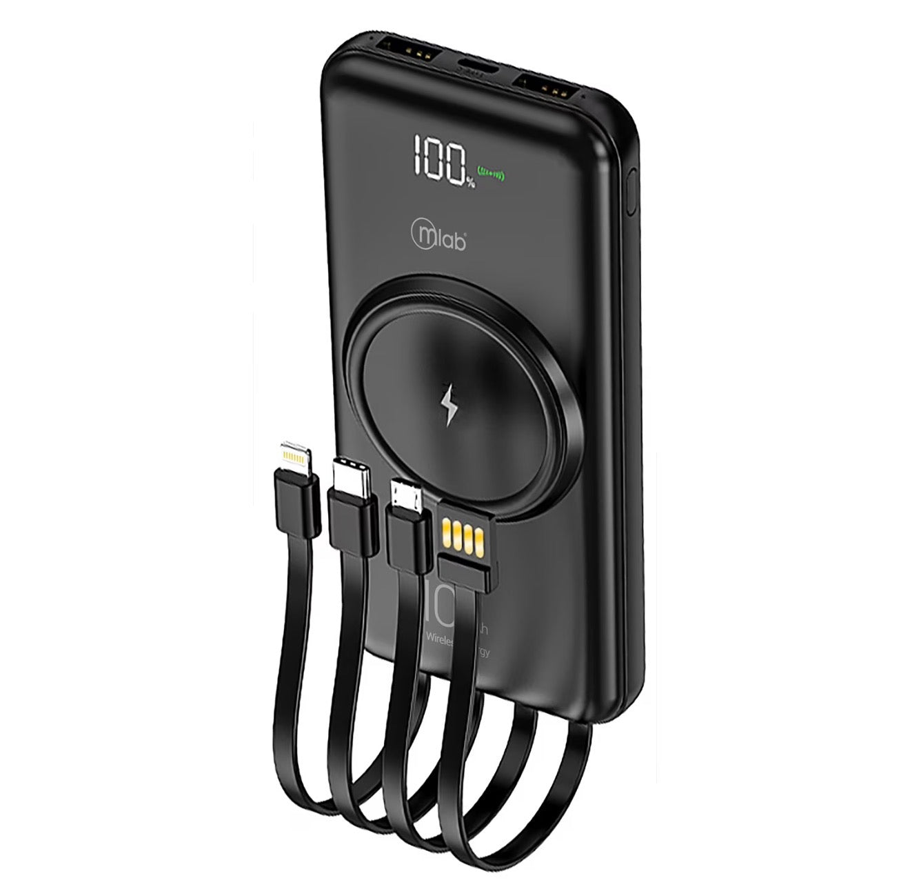 10000mAh Power Bank with Qi Wireless Charging, 4 Built-in Cables LED Digital Display