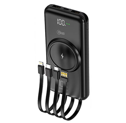10000mAh Power Bank with Qi Wireless Charging, 4 Built-in Cables LED Digital Display