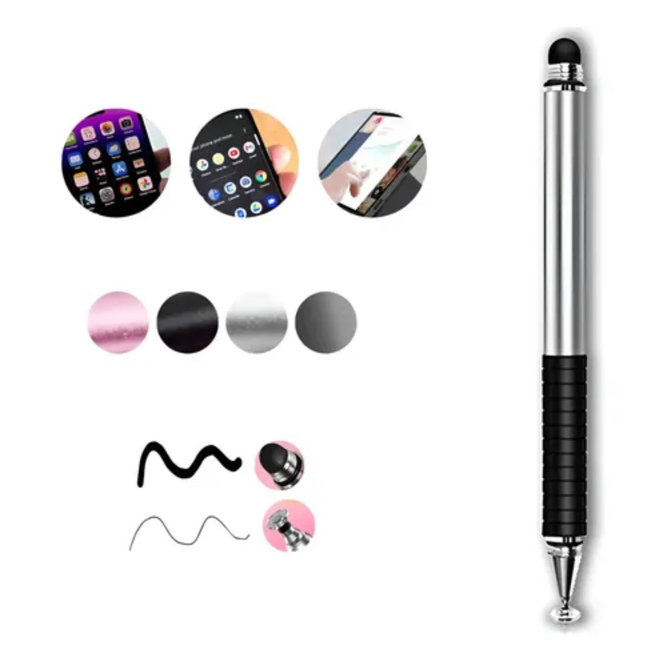 2-in-1 Multi-Functional Stylus Touch Pen – Silver/Black, Universal Compatibility (New)